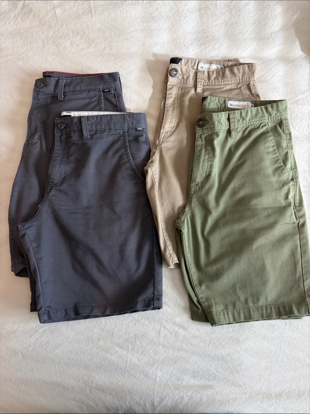 Volcom & Vans Flat-Front Shorts in Olive, Khaki, and Charcoal sz 34